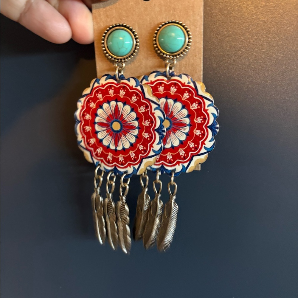 Red and Blue Bohemian Earrings with Feather Charms